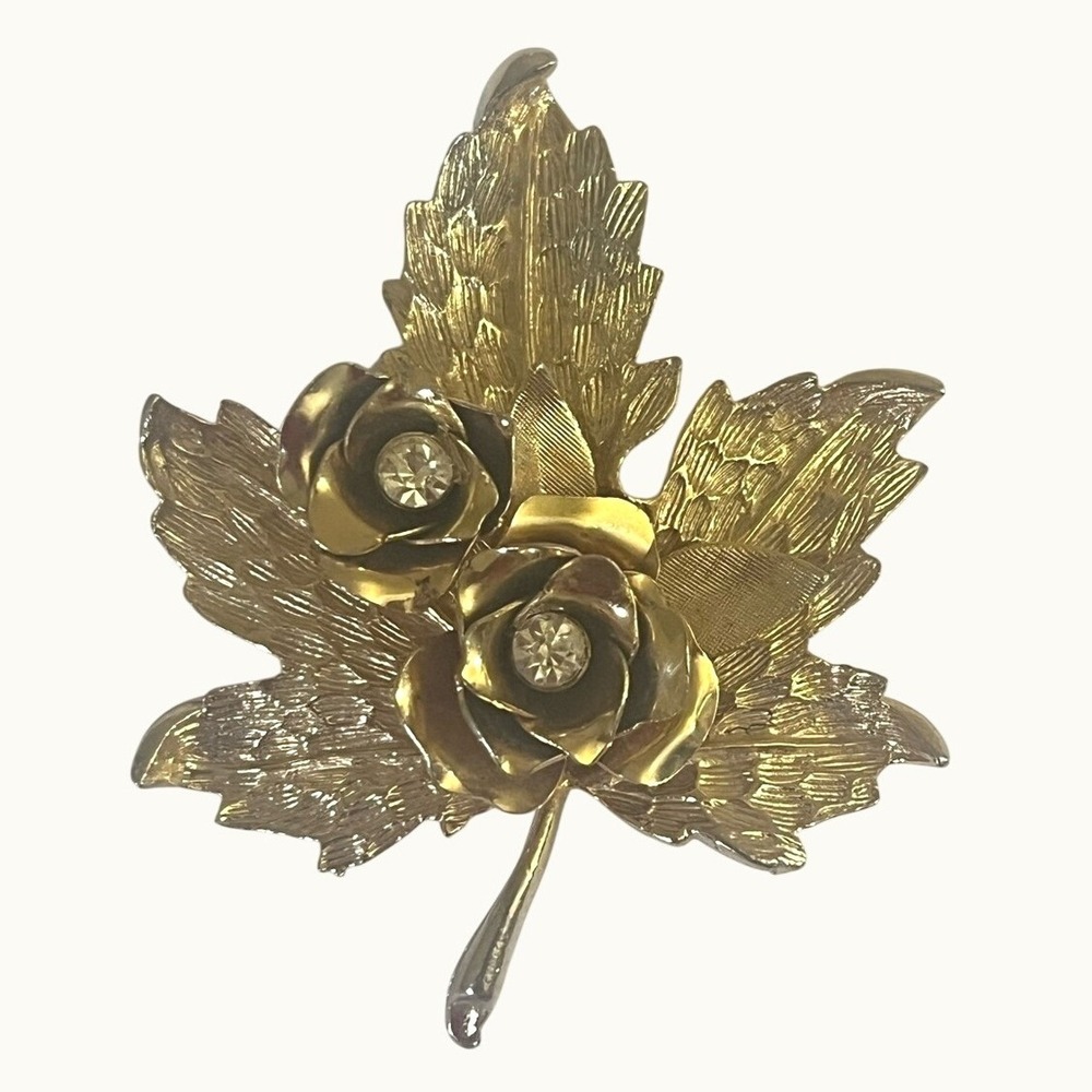 Vintage 3 Dimensional Rose Brooch Gold Tone Rhinestone Floral Leaf Statement Pin